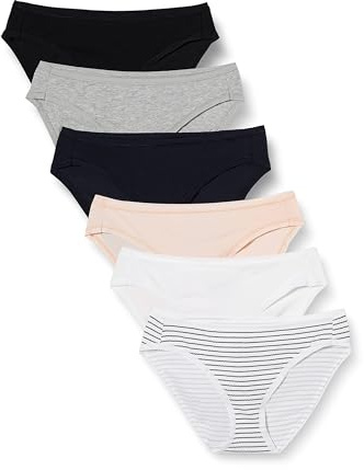 Amazon Essentials Slip Bikini in Cotone (Disponibile in Taglie Forti) Donna, Pacco da 6, Multicolore/mélange/Righe, 44
