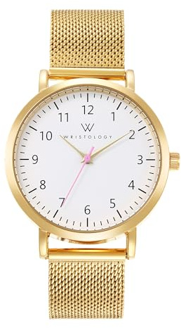 Wristology Maxi Easy Change Band Numbers Gold Watch Metal Mesh Band - Interchangeable Stainless Steel Strap - to Read Analog Nurse with Second Hand for Women, Men, Nurses, Teachers OC070N