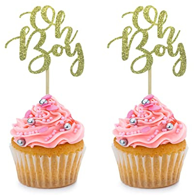 24 Stück goldene Glitzer Oh Boy Cupcake-Topper für Geburtstagsparty, Hochzeit, Babyparty, Kuchen, Dessert-Dekorationen, Zubehör