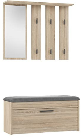 ADGO Parma Hallway Wardrobe Hanger+Mirror+Shoe Cabinet with Seat and Storage Abmessungen des Kleiderbügels: 81,5 x 15 x 100 cm, Schuhschrank mit Sitz: 49 x 35 x 100 cm (In 2 Paketen) (Sonoma-Eiche)