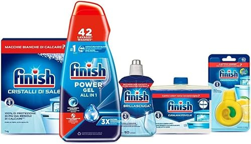Finish Kit Lavastoviglie; Finish Powergel Detersivo Lavastoviglie Fresh 42 Lavaggi, Brillantante Regular 250ml, Curalavastoviglie regular 250ml, Cristalli di Sale 1kg, Deodorante
