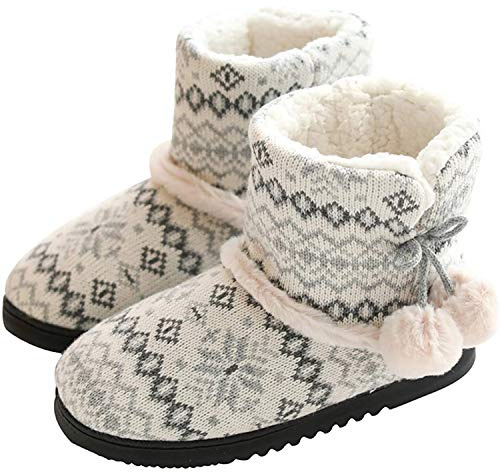 DimaiGlobal Damen Herren Hausschuhe Stricken Hüttenschuhe rutschfeste Wolle Hausstiefel Pantoffeln Plüsch gefüttert Warme Hüttenstiefel Winter Drinnen Draußen