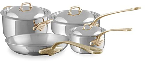 Mauviel M'Cook B 5-Ply Polished Stainless Steel 7-Piece Cookware Set With Brass Handles, Made In France