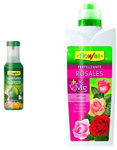 Flower Ferroflower Quelato de Hierro Líquido, 250 ml & Fertilizante Liquido Rosales, 1000 ml