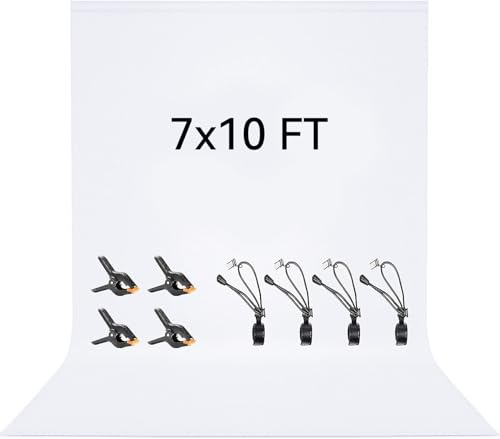 Vevelux 2x3M/7x10FT White Backdrop 100% Polyester Photography Background | Foldable Washable White Fabric with 4 Spring Clamps & 4 Anti-Wrinkle Backdrop Clips for Portraits Party Studio Photo Shooting
