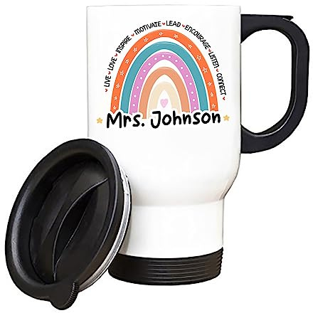 Getagift Personalised Teachers Mug, Rainbow Mug Gift Silver/White Insulated 14oz Travel Tea/Coffee Mug. (White)