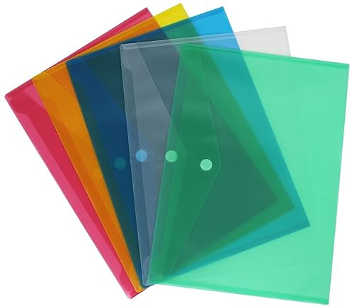 Dokumententaschen A3 quer PP transparent farbig sortiert Klett 5Stk | A3 quer, 180 my PP, farbig transparent, mit Klettverschluss – ideal für bis zu 50 Blatt