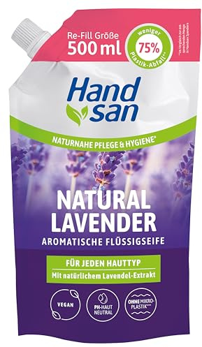Hand san Savon liquide Natural Lavender dans une recharge | Avec huile de lavande naturelle | Lavage des mains et nettoyage du visage | Formule sans microplastique | pH neutre pour la peau et