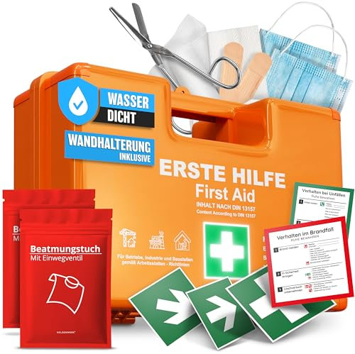 HELDENWERK Trousse de premiers secours selon la nouvelle norme DIN 13157:2021 avec support mural et autocollants | Mallette de premiers secours universelle pour entreprise, maison ou restauration