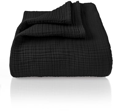 LAYNENBURG Premium Musselin Tagesdecke 180x220 cm - 100% Baumwolle - extraweiche Baumwolldecke als Kuscheldecke, Bett-Überwurf, Sofa-Überwurf, Couch-Überwurf - warme Sofa-Decke (Schwarz)