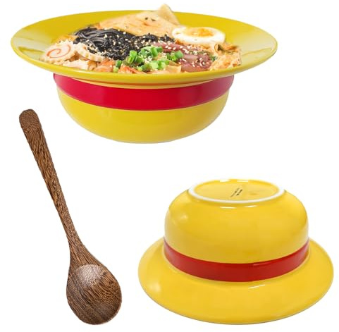 BJPERFMS Cuenco Ramen Piece, Cuenco Ramen Sombrero Paja Luffy, 500ML Ensaladera Ceramica, Sombrero Paja Con Cuchara, para Cereales Desayuno, Piece Merchandising, Cumpleaños para Fans