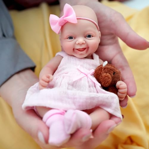 MYREBABY Mini Full Body Silicone Reborn Baby Doll 7 Inch Miniature Realistic Newborn Doll Looking Real Babies Lifelike Eyes Open Baby Girl Soft Body Anti Stress Dolls