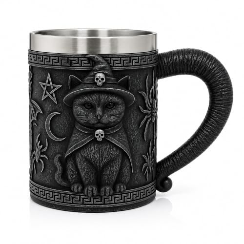 Gothic Black Cat Tankard 500ml with Stainless Steel Liner, Witch Cat Mug