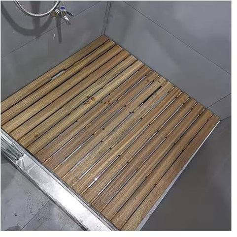Badematte Duschmatte Badezimmerteppich 20 21 22 23 Zoll weiße quadratische Teak-Duschmatte mit Griff, Outdoor-Indoor-Badematten-Set aus Holz mit Rillen, tragbare Holzbodenmatte für Badezimmer, Badewan