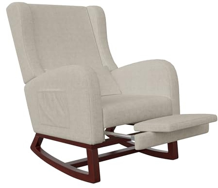 DIYHOM Gungstol med pall, relaxstol, gungfåtölj med fotstöd, sidofickor och massiv träbas, läsfåtölj, för vardagsrum, sovrum (beige-linne)