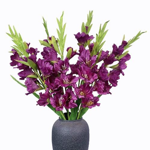 Raxcelivia Pack of 6 - Gladiolus Flowers Artificial Orchid Plants Long Silk Flower Stems Vase Table Kitchen Home Garden Party Wedding Decoration (Dark Purple)