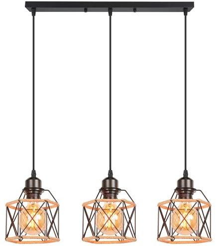 iDEGU 3 Luces Lámpara Colgante Vintage E27 Iluminación de Techo Retro Pantalla de Metal Diseño Jaula con Cuerda de Cáñamo Lámpara de Techo para Comedor, Salon, Cocina, Dormitorio (Barra, Negro)