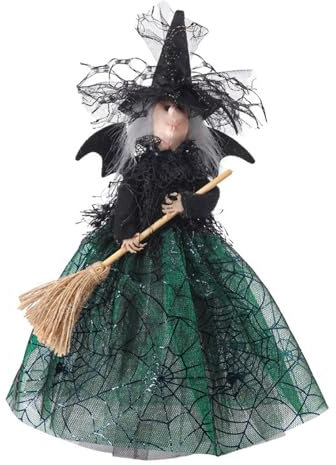 Halloween Deko Hexe Puppe Figur 28,5cm Halloween Deko Hexenpuppe mit Besen Halloween Hexenpuppe Baumspitze Halloween Deko Gruselig Hexe Wichtel Figure für Halloween Tisch, Garden, Party Deko