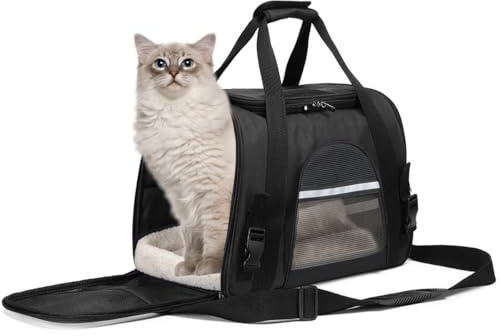 APKOL Sac Transport Chat, Caisse de Transport Chat Respirant et Pliable, Sac de Transport pour Chat avec Bandoulière Réglable, Cage Chat Convient aux Chats et aux Petits Chiens, (Noir, Moyen)