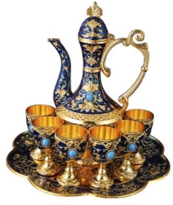 LOVIVER Théière Plateau à thé Tasses en métal, Ensemble de pichet en Verre à vin en métal, décoration de la Maison, Service Antique, Kits de Pots à vin, Bleu