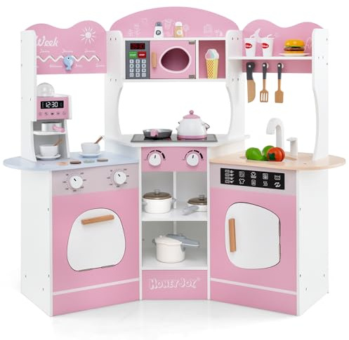 COSTWAY Kinderküche mit Zubehör, Eck Spielküche Holz mit Licht und Sound, Holzküche mit Kaffeemaschine, Mikrowelle, Waschmaschine, Ofen, Eckspielküche für Kinder ab 3 Jahren (Pink)