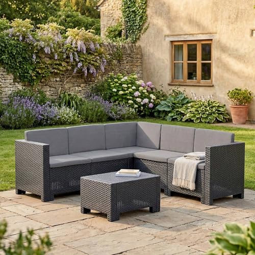 Dmora - Loungeset für draußen Encelado, Outdoor-Lounge mit Couchtisch mit Kissen, Gartenkomposition mit Sofa und Sesseln, Made in Italy, Anthrazit