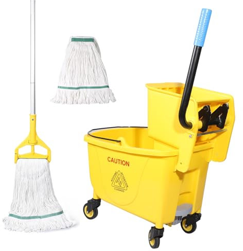 Side Press Wringer Combo Commercial Floor Cleaning Rectangular Mop Bucket on Wheels, 35-Qt, Yellow,Add One Mop and One Mop Head Replacement