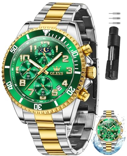 OLEVS Green Watches for Men Luxury Stainless Steel Green Face Mens Watch with Numbers Classic Large Dial Dress Watch with Date Waterproof Analog Quartz Stylish Men's Wrist Watches Reloj De Hombre