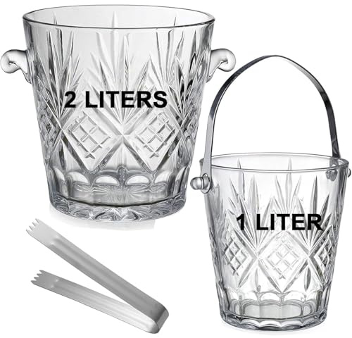 2-Piece Clear Glass Ice Bucket Set with Ice Tongs & Handles - 53oz (1.6L)/25oz (0.75L) Capacity - Food Grade Cocktail Bar Accessories for Champagne, Wine, Beer - 6.7×8.3×6.7in & 6.1×4.9×5.3in