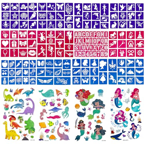 Tattoo Schablone für Kinder & Erwachsene, 12 Blätter 165 Henna Schablonen Glitzertattoos Schablonen Groß Temporäre Tattoo | 4 Blätter Meerjungfrau 60+ Glitzer Sticker Kinder für Mädchen Geburtstage