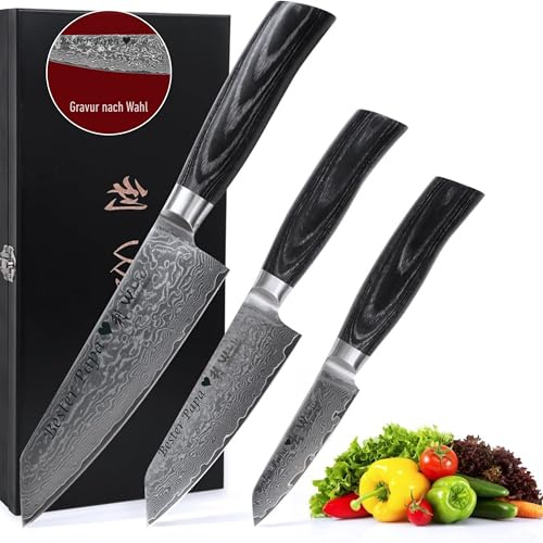 Wakoli EDIB Pro Black Damastmesser Set mit Gravur – Personalisiertes 3er Kiritsuke Messerset, 17 cm, 12 cm & 9 cm Klingen aus 67 Lagen Damaststahl (VG10-Kern), Pakkaholzgriffe – in Holzbox