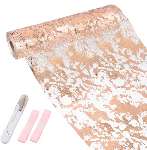 Samlonge 28cmx20m Tischläufer Rosegold, Glänzend Rosegold Tischband mit 1 Schere und 2 Bänder Tischband Tüllband Polyester Stoff Tischdekoration für Partys Hochzeit Geburtstage Weihnachten