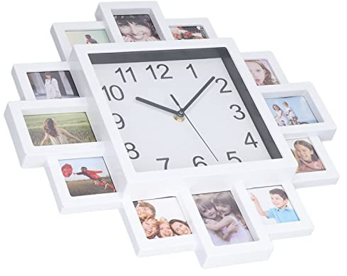 Majatou Horloge Cadre DIY, 15,35In Blanc Cadre Photo Horloge Murale DIY Multi PHOTOES Horloge Personnalisee pour la décoration Interieure Design Moderne