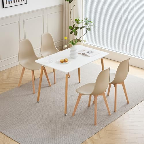 DEYARNA HOME Mesa de Comedor con 4 Sillas - Mesa 110x70x74cm (Tablero de MDF + Patas de Haya) y Sillas de PP con Patas de Haya, Estilo Escandinavo (Caqui-CZ)