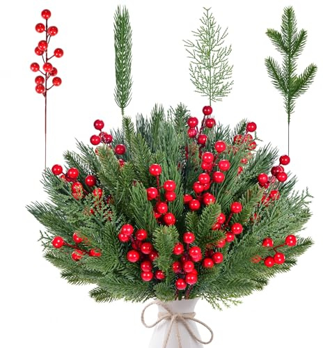 ZOCOYUU 60 Stück künstliche Weihnachts-Tannenkränze mit roten Beerenstielen, 10-29 cm künstliche immergrüne Norfolk-Kiefernblätter, künstliche Nadelzweige für DIY-Bastelgirlanden, Heimdekoration