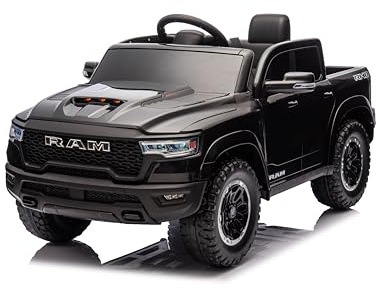 FINOOS Kinder Elektroauto RAM 12V Kinderauto mit 2,4 GHz Fernbedienung, 2 Motor, Kinderfahrzeug mit Hupe, LED, Musik, Sanftstart, Elektrofahrzeug mit Fernbedienung, für 1-4 Jahre (Schwarz)