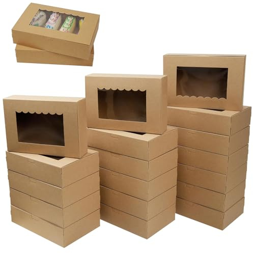 Yudobliss 20 Piezas Caja de Reposteria Cartón Kraft, Cajas para Tartas de Papel Kraft Marrón con Ventana, 21,5 x13,5 x 5 cm Caja de Regalo con Ventana Transparente, para Galletas, Pastelería, Tarta