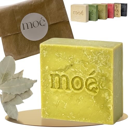 Moé Lorbeeröl Naturseife 85% Lorbeeröl, klärend & ausgleichend (ideal für ölige, mischhaut & unreine Haut) für Haar, Gesicht & Körper -vegan & ohne Zusatzstoffe – ca. 115 g | Feste Duschseife