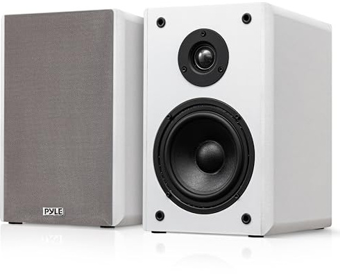 Pyle Bookshelf Speakers Passive Hi-Fi – 16.5 cm Stereo Speakers with Wall Mount Brackets, 200W Max Power, RCA Input, Paper Cone Woofer, Soft Dome Tweeter, For Turntables, Vinyl, DJ & Home Audio, White
