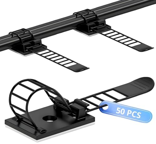 HUZNA 50 Pezzi Fermacavi Adesivi Regolabili Ferma Cavi in Nylon,Adesive per Gestione Cavi,Accessori Riutilizzabili per Cablaggio,per Uso Domestico,Ufficio,Tv,Computer（Colore Nero）