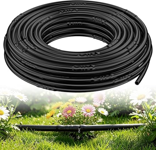 Pawfly 6.35 mm Irrigation Dripline Tubing (15 m Roll), Irrigation Dripline Tubing with 15 cm Emitter Spacing, Emitter Tubing Polyethylene Drip Line, Black Distribution Tubing Drip Irrigation Hose