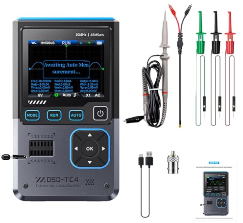DSO-TC4 Osciloscopio Portatil, 3 En 1 Digital Osciloscopio/Probador de transistores/Generador de Señales, 10MHz Ancho de Banda 48Ms/s Muestreo, Protección contra Sobrecalentamiento, Español Conmutable