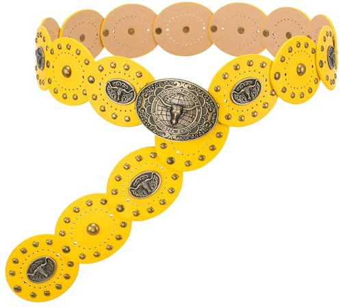 WERFORU Ceinture Large Cowboy en Cuir pour Femme Style Western à Disques Décoratifs,Ceinture Réglable Bohème Femme Grande Taille pour Robe Jeans et Jupes