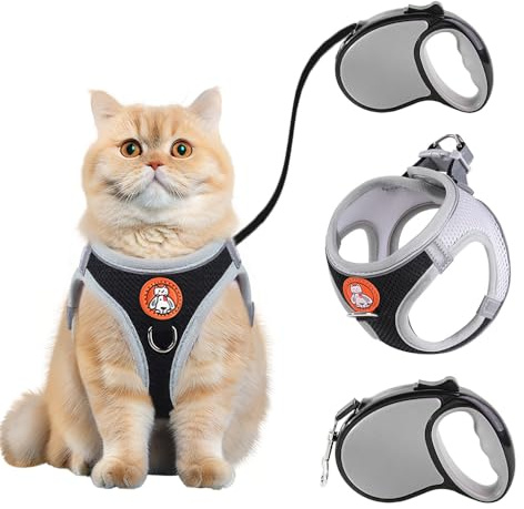 XFSRG Katzengeschirr mit Leine Brustgeschirr für Katzen Verstellbares Katzengeschirr Ausbruchsicheres Softgeschirr für Katze mit Ausziehbarer Rollleine M Größe