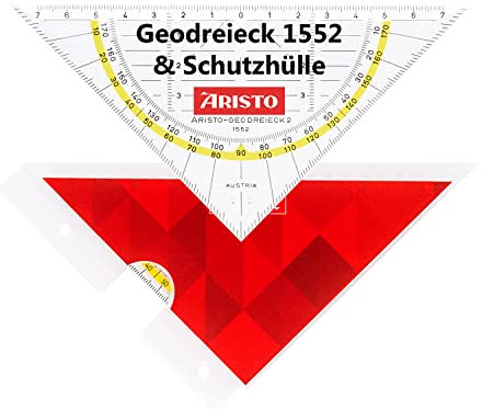 Aristo Geodreieck mit passender Geosaver Schutzhülle (Dreieck Hypotenuse 16 cm, Tuschenoppen und Facetten, Hülle mit Ordnerleiste, Kunststoff) rot, transparent