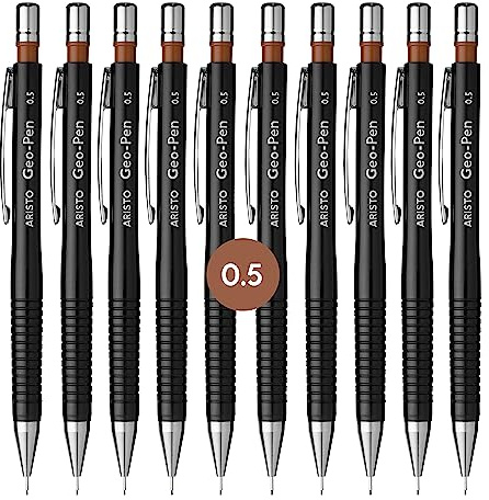 Aristo AR85005 Druckbleistift Geo Pen 0,50 mm (Ergonomisch gerillte Griffzone, gefederte Minenführung, Härtegrad Mine HB, integrierter Radiergummi) schwarz, 10 Stück