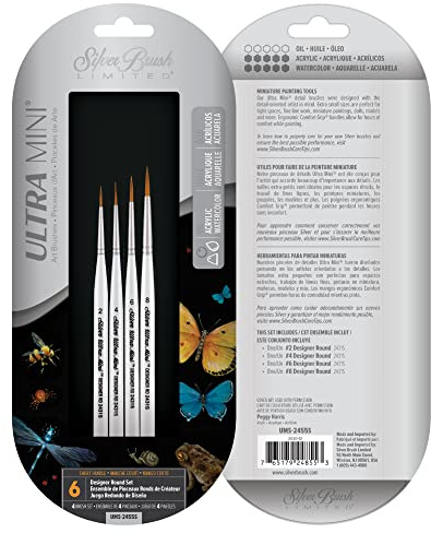 Silver Brush Limited UMS-2455S Ultra Mini Ultimate Round Set for Watercolor, Gouache, Inks, Dyes, Acrylic, & Heavy Body Paints, Set of 4 Round Brushes, Size 2, 4, 6, and 8, Short Handle