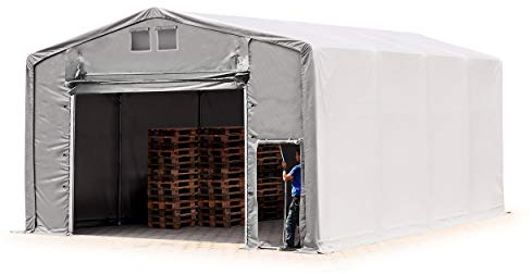 TOOLPORT Tente de Stockage 8x8m Hangar de Stockage, 4m Hauteur de côté, bâche PVC PRIMEtex 2300 N, imperméable Gris, avec Porte à Traction