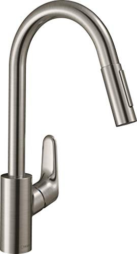 hansgrohe Focus Küchenarmatur (Wasserhahn Küche mit Schlauchbox, 150° schwenkbar, ausziehbare Brause mit 2 Strahlarten, hoher Komfort-Auslauf 240mm, Standardanschlüsse) Edelstahl Finish