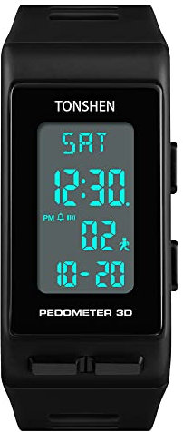 TONSHEN Unisex Outdoor Sport Digital Watch for Men and Women Multifunction Pedometer Calories LED Backlight Stopwatch Rectangular Plastic Case with Rubber Band Wrist Watches for Fitness (Black)